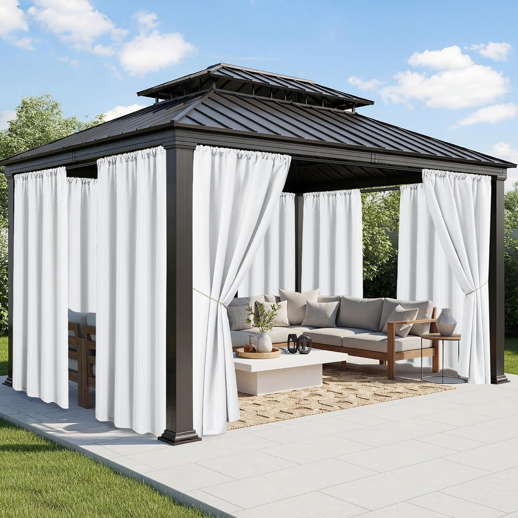 Cortinas Exteriores RichSets Blancas para Patio | Impermeables | 8 Paneles | Resistentes a la Intemperie con Bolsillo para Barra | Para Pérgola, Gazebo y Balcón