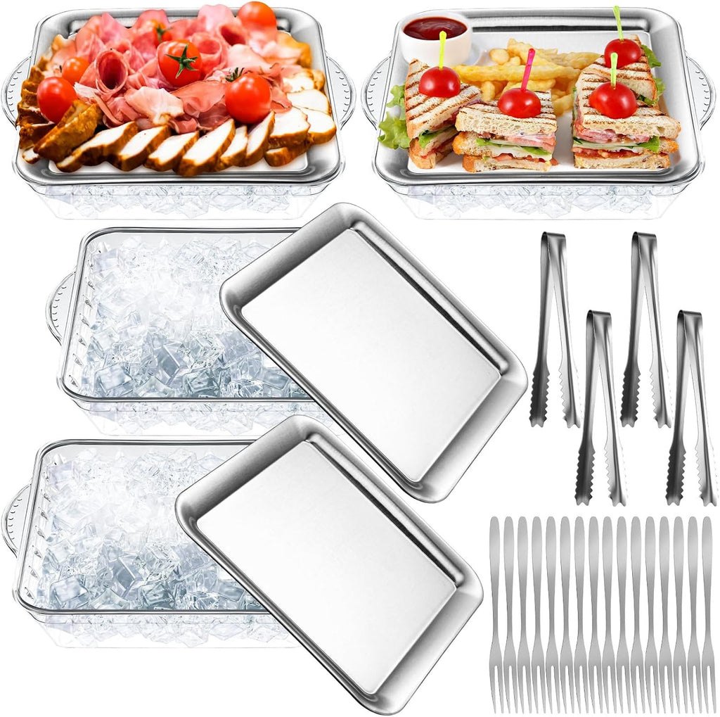 Juego de 4 bandejas refrigeradas Baderke de 23 cm para fiestas con compartimentos, bandeja refrigerada para fiestas, tabla para servir embutidos, plato frío, salsa con tenedores y pinzas para frutas, mariscos y verduras (plateado).
