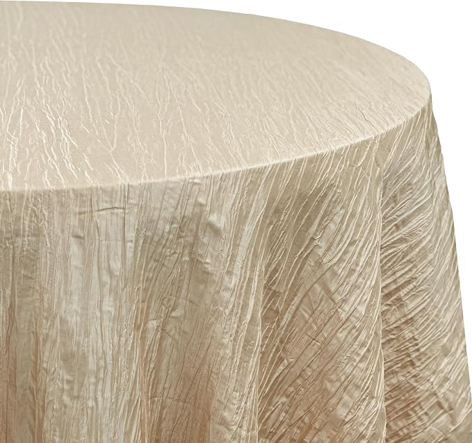Mantel Redondo YOUR CHAIR COVERS 120" Tafetán Crinkle Champagne — Elegante para Bodas y Eventos