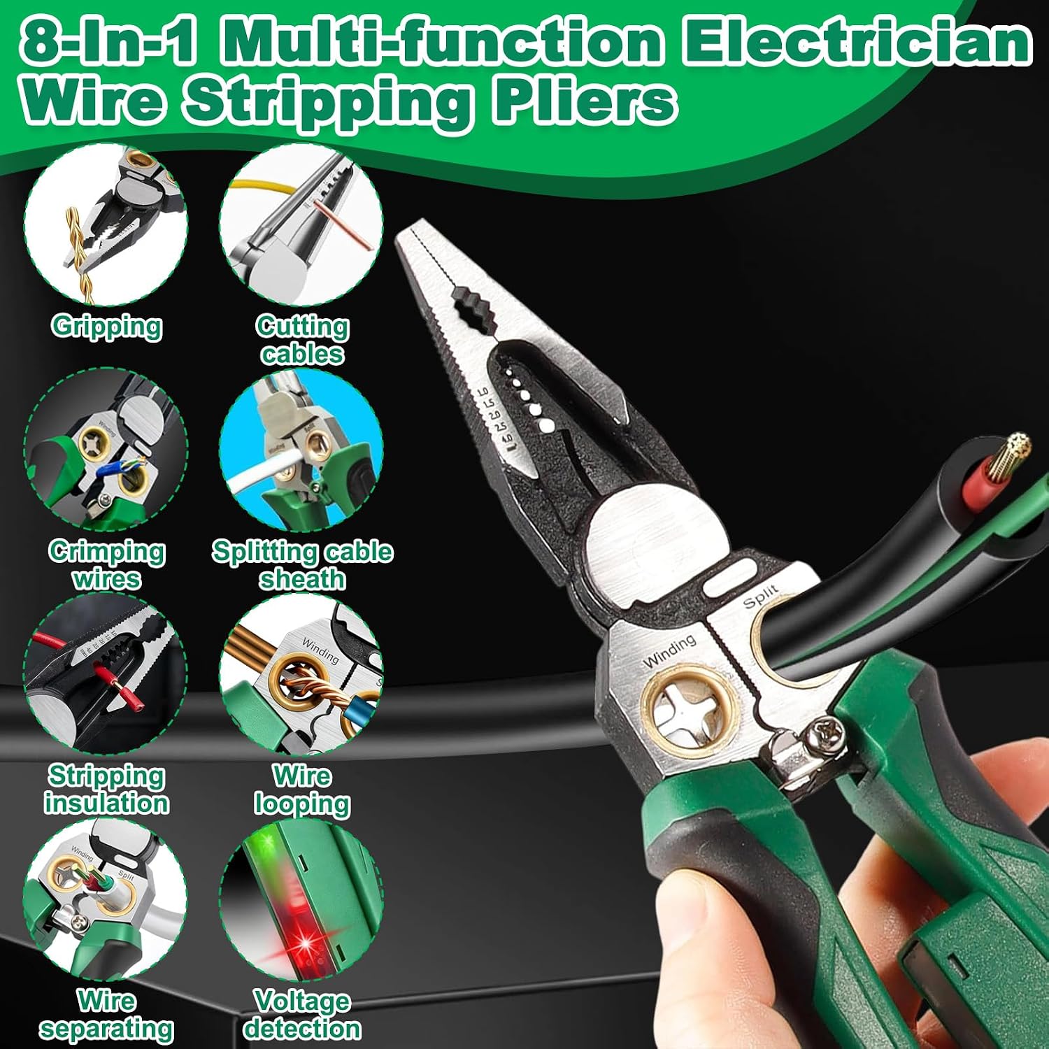 8 en 1 Pelacables con Probador Voltaje, Alicates Eléctricos Multifuncionales, Pinzas Pelar Profesional, Herramienta Electricista Multifunción para Cortar, Crimpar, Tirar, Engarzar (Verde)