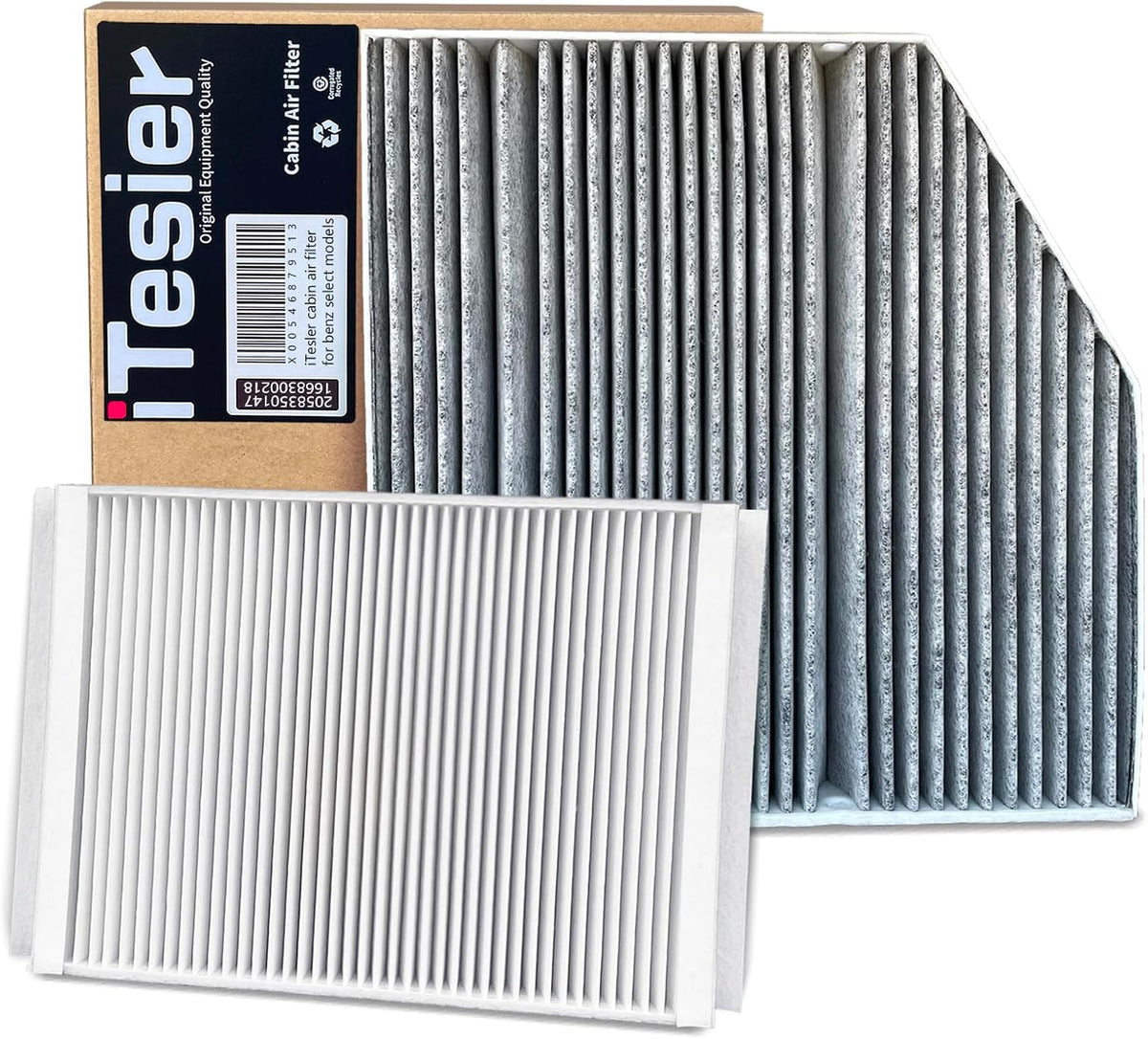 El kit de filtro de aire de cabina ITESIER es compatible con Mercedes GLC300 (2015-2022), C300 (2015-2023), E300 (2017-2019), E400 (2018), E350 (2020-2023) y E450 (2021-2023). Reemplaza las piezas originales OEM 2058350147 y 1668300218.