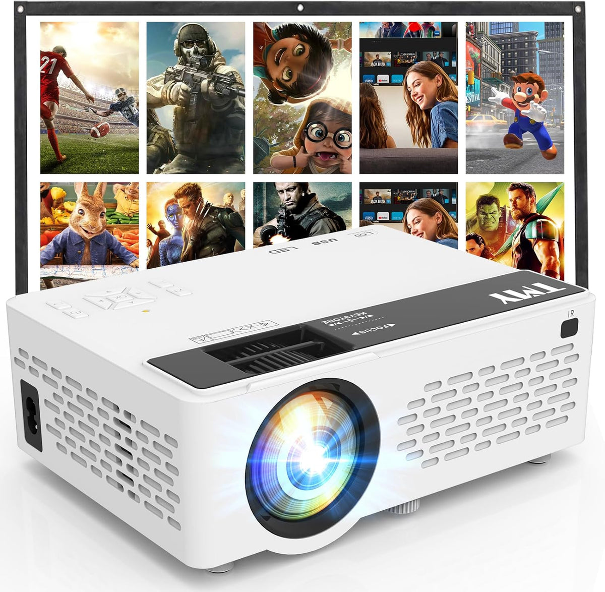 Miniproyector Portatil TMY 1080P Full HD | con Bluetooth | Compatible con TV Stick, Smartphone, PC y Consolas | Interior y Exterior | Incluye Pantalla