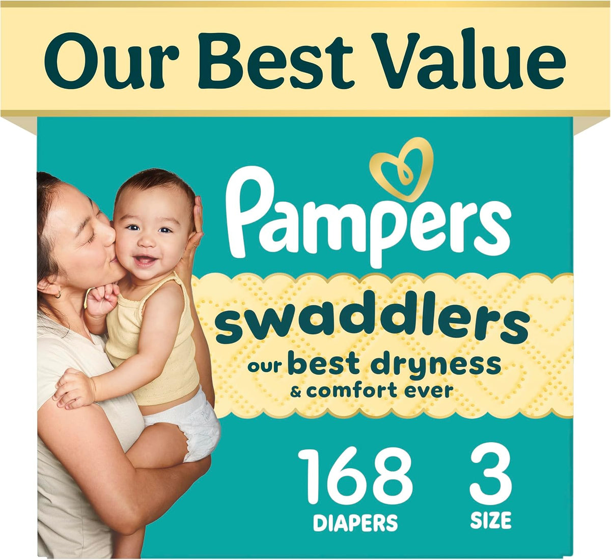 VIENEN EN CAJA-Pañales Pampers Swaddlers, talla 3 (6-12 kg), 168 unidades, hipoalergénicos, absorbentes, mantienen al bebé seco y cómodo, pañales desechables seguros para la piel.