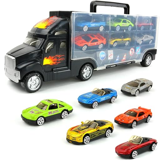 Camión transportador de coches de juguete Big Mo's Toys - Con 6 elegantes coches de carreras de metal - Con estuche de transporte, para niños, surtido