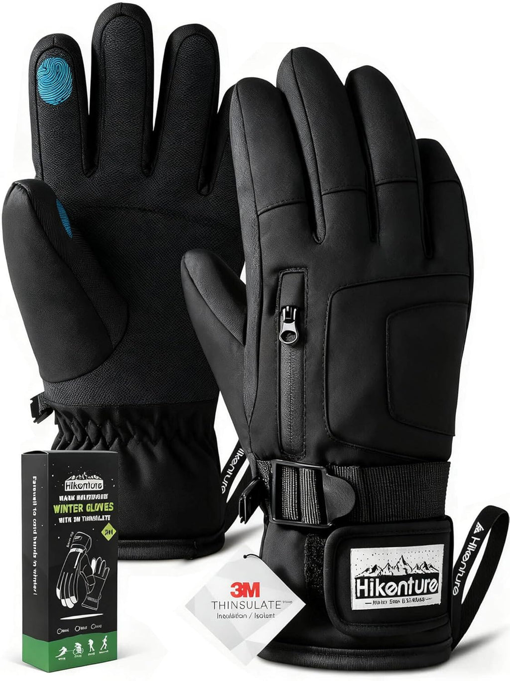 Hikenture Ski Gloves Snow Glove for Men&Women, 3M Thinsulate Waterproof Snowboard Gloves, Insulated Touchscreen Snowmobile Glove for Cold Weather, Windproof Warm Skiing Gloves, Black-L