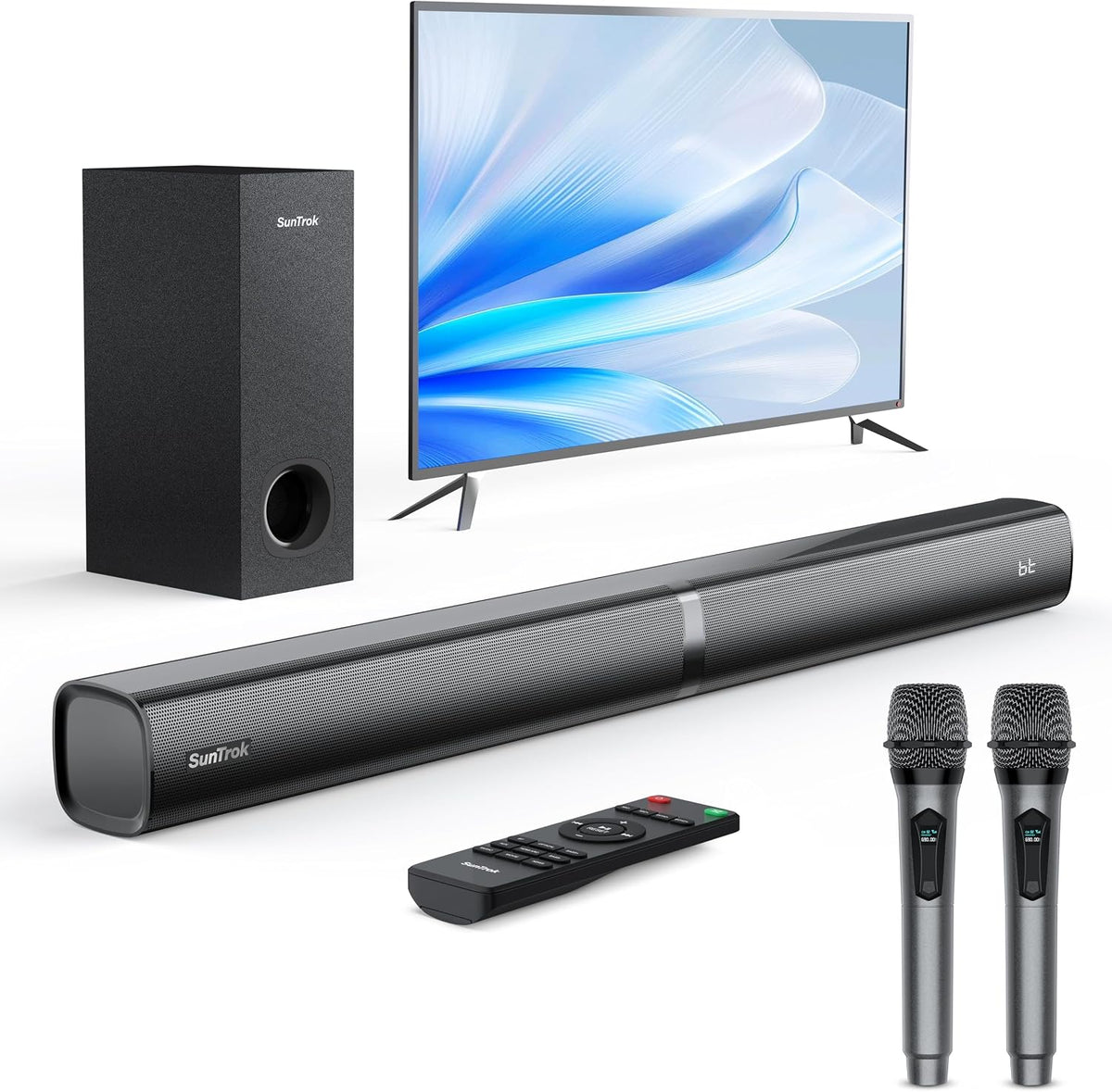 Barra de sonido con subwoofer para TV, sistema de altavoces Bluetooth 5.3 para cine en casa con 2 micrófonos inalámbricos para karaoke, audio de sonido envolvente con HDMI ARC, óptico, AUX, USB para películas (potencia máxima de 260 W)