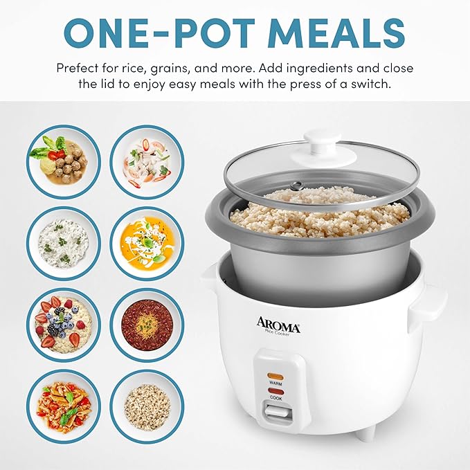 AROMA® Arrocera, 3 Tazas (Sin Cocinar) / 6 Tazas (Cocidas), Arrocera Pequeña, Cocedor de Avena, Preparador de Sopas, Mantener Caliente Automático, 1.5 Qt, Blanco, ARC-363NG