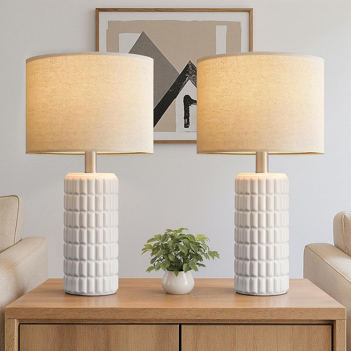 Juego de 2 lámparas de mesa modernas de cerámica de 23" - Lámparas de mesa para sala de estar, lámparas de mesita de noche estilo rústico para dormitorio, juego de 2 lámparas de mesita de noche blancas estilo boho