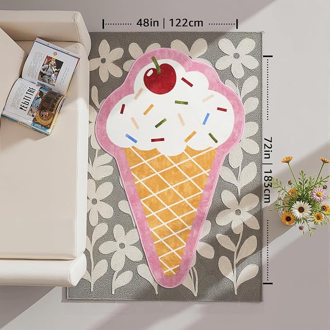 Jinchan - Linda alfombra divertida con forma de helado, alfombra lavable para sala de juegos, cono fresco, alfombra suave