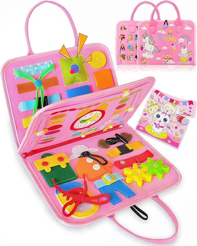 Exorany Busy Board - Juguetes Montessori para niñas y niños pequeños, regalos de cumpleaños, juguetes sensoriales para niños pequeños, juguete educativo de viaje, actividades preescolares
