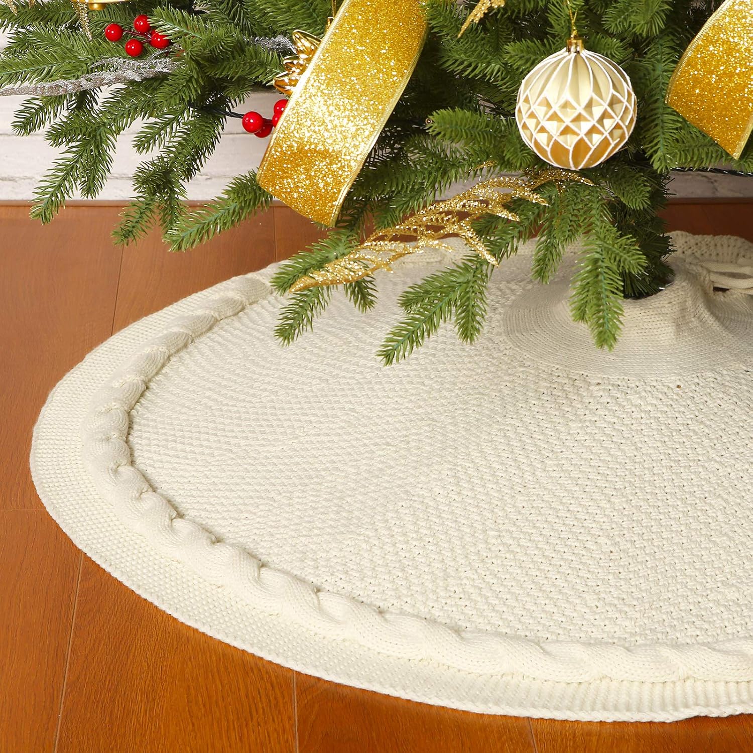 Sattiyrch Christmas Tree Skirt 48 in, Luxury Cable Knit Knitted Thick Rustic Xmas Holiday Decoration,Cream