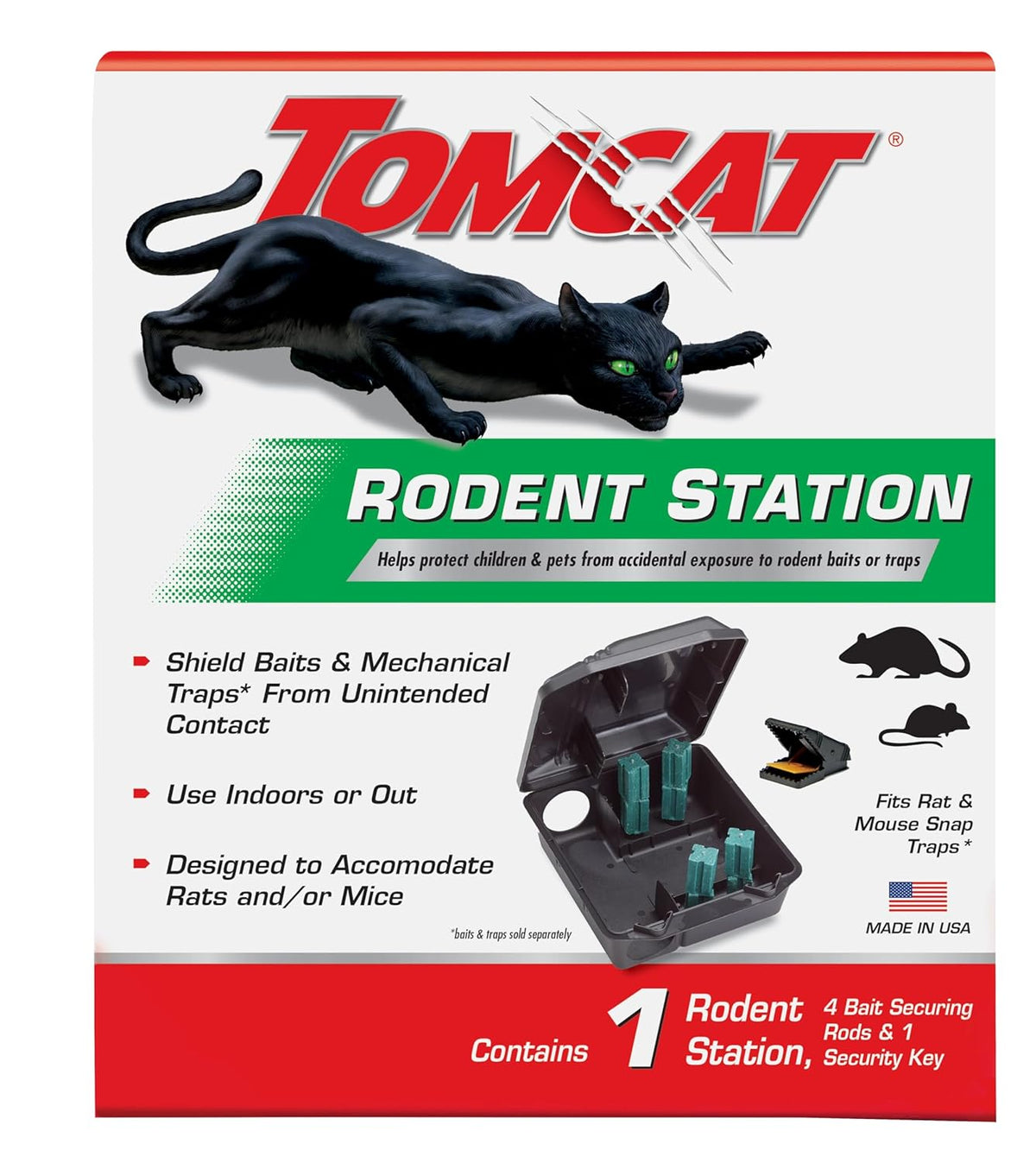 Estación de Roedores Tomcat, Incluye 1 Estación con 4 Varillas Aseguradoras de Cebo y 1 Llave de Seguridad, Compatible Trampas Tamaño Rata o Ratón, Para Uso Interior o Exterior