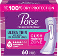Compresas Poise Ultra Thin para incontinencia y posparto con alas para pérdidas de orina, máxima absorción de 5 gotas, tamaño extragrande, 60 unidades (el empaque puede variar).