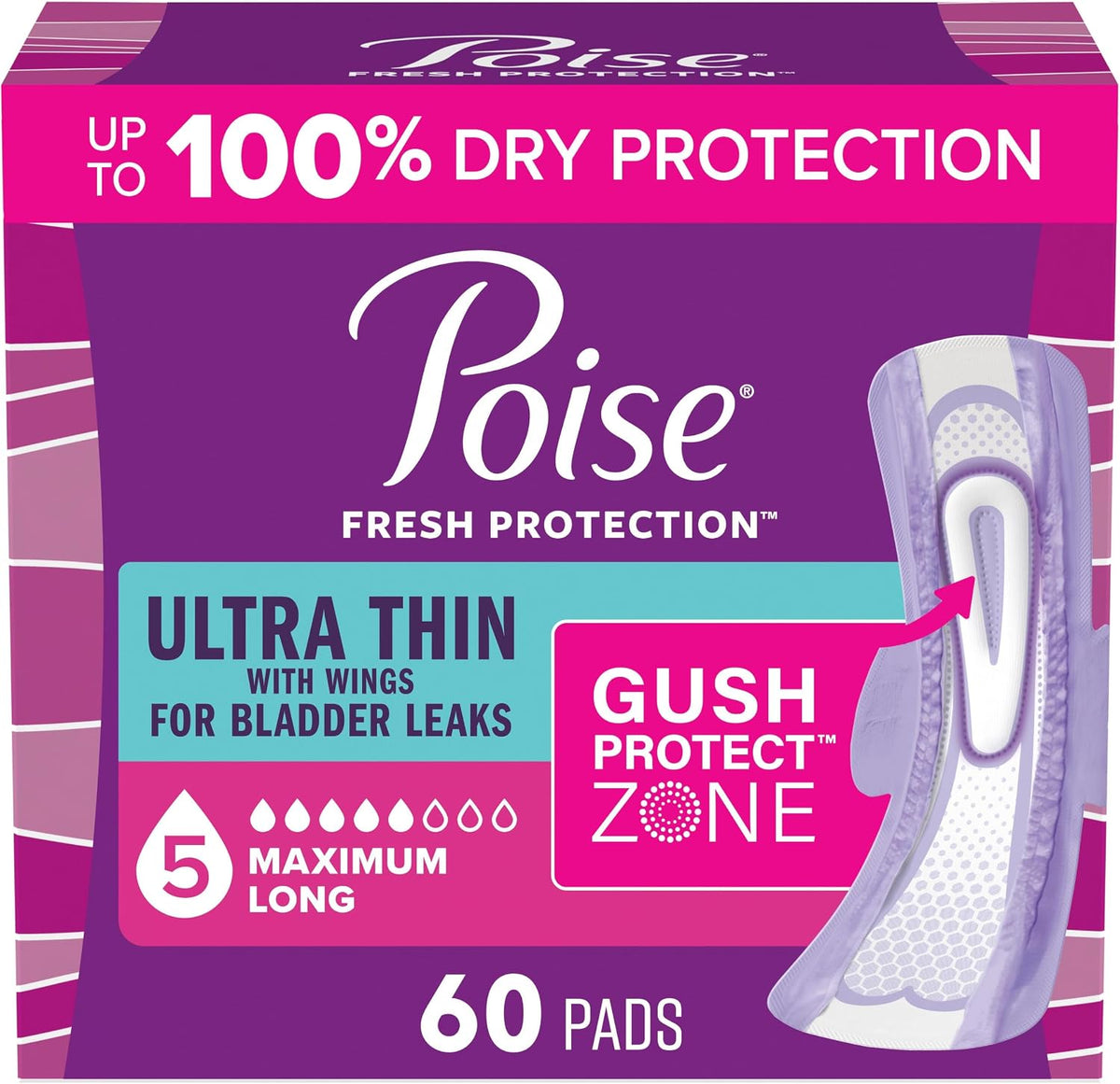 Compresas Poise Ultra Thin para incontinencia y posparto con alas para pérdidas de orina, máxima absorción de 5 gotas, tamaño extragrande, 60 unidades (el empaque puede variar).