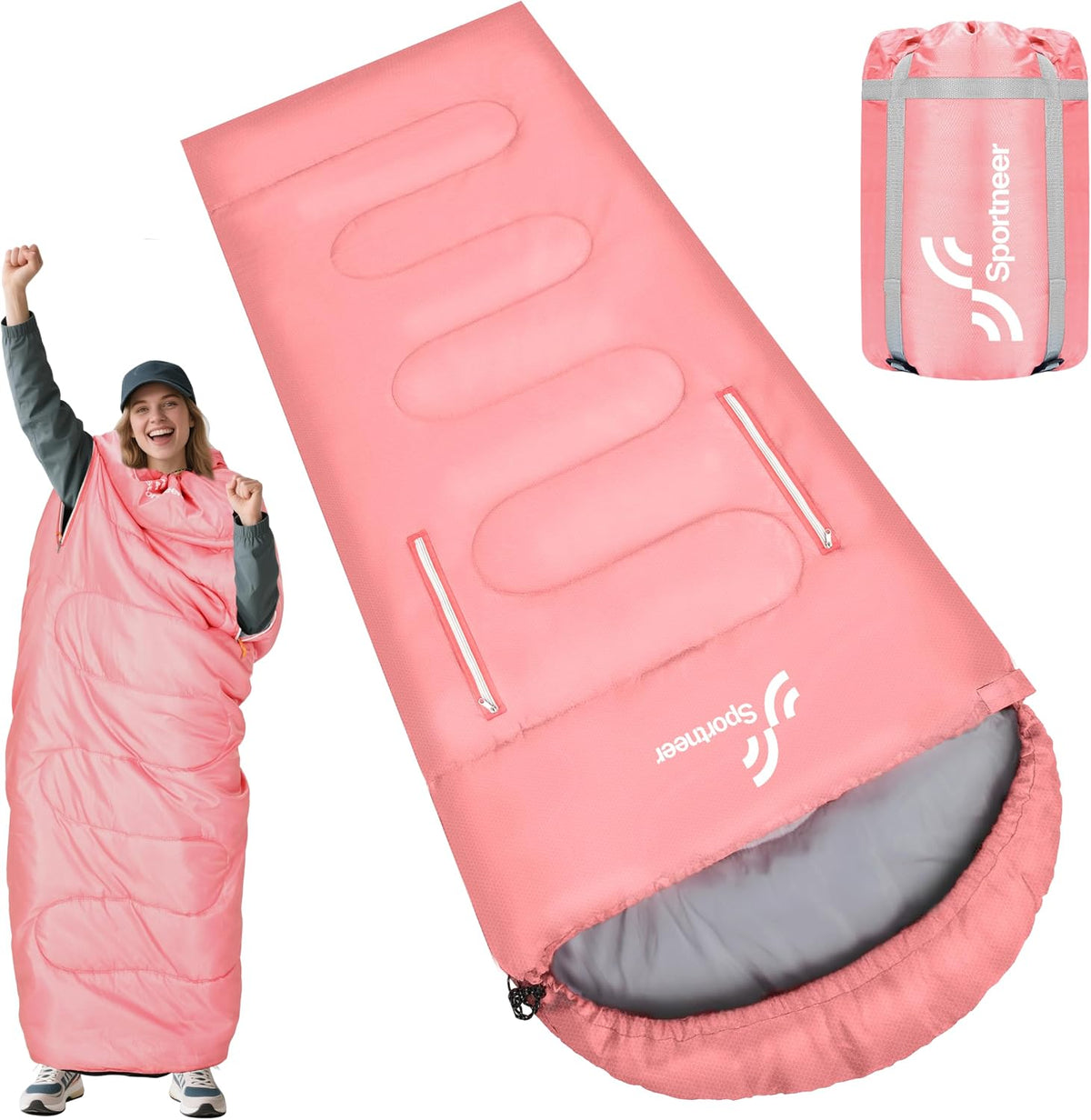 Sportneer Saco de Dormir Vestible para Adultos y Ninos | Caminable con Cremalleras en Brazos | 4 Estaciones | Ligero y Compacto | Camping, Senderismo y Viajes