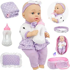 Muñeca Bebé SMILESSKIDDO 12" con Accesorios — Set con Cuna, Bibéron y Almohada para Niñas +2 Años (NO INCLUYE BINCHA NI COBIJA)
