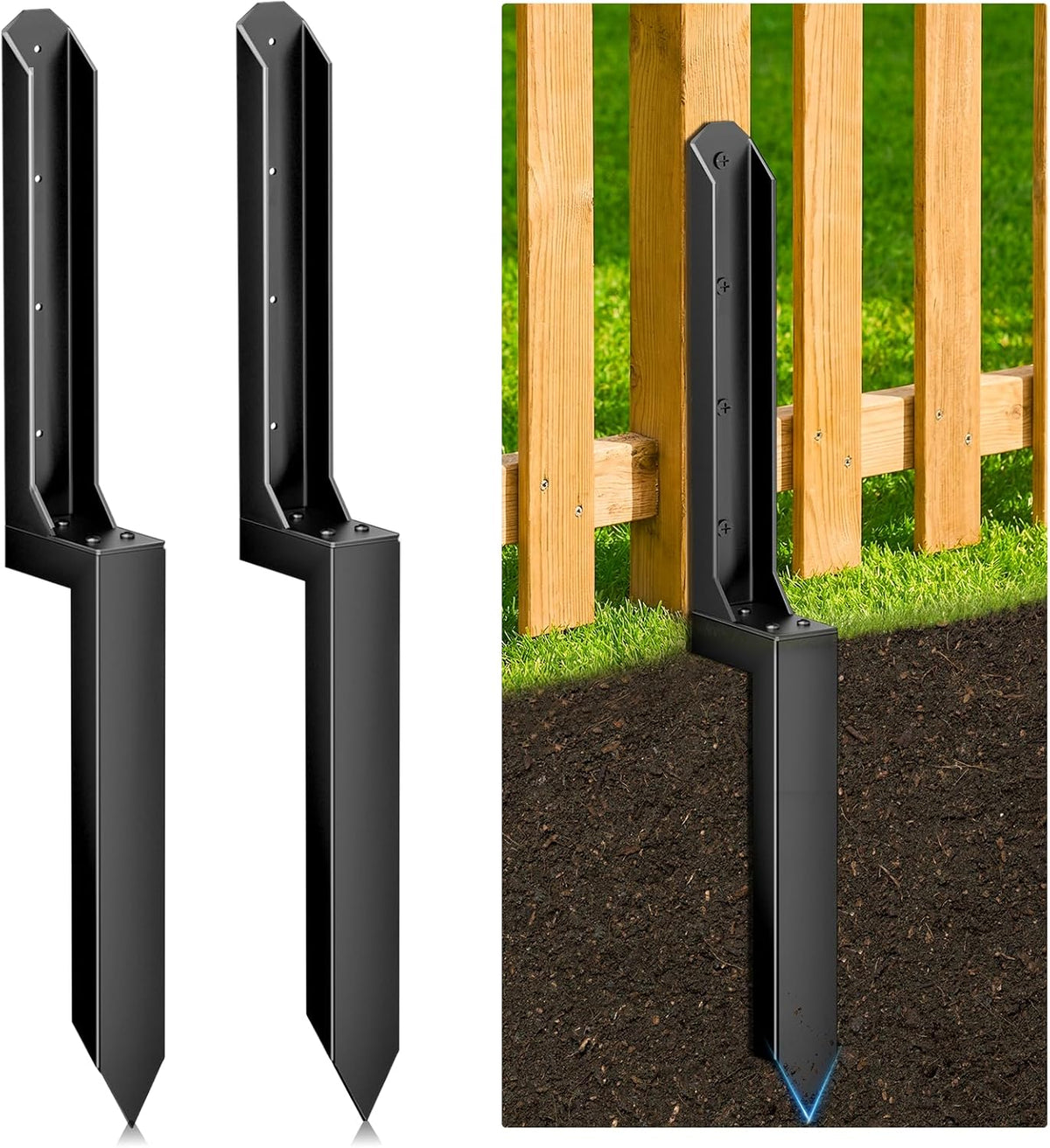 Kit de reparación de postes de cerca (paquete de 2), anclaje de acero resistente para fijar postes de madera de 4x4 y 6x6 inclinados o rotos, soporte sin necesidad de excavación para patio, jardín y cerca.