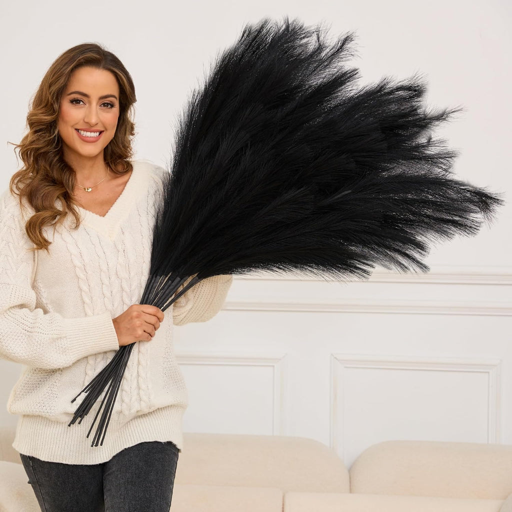 Qubitful Pasto de Pampa Artificial Alto | 9 Piezas 43 pulgadas / 110 cm | Pampas Negras Grandes | Ramas Falsas de Plumas Largas para Florero de Piso | Arreglo Boho para Hogar y Bodas | Negro