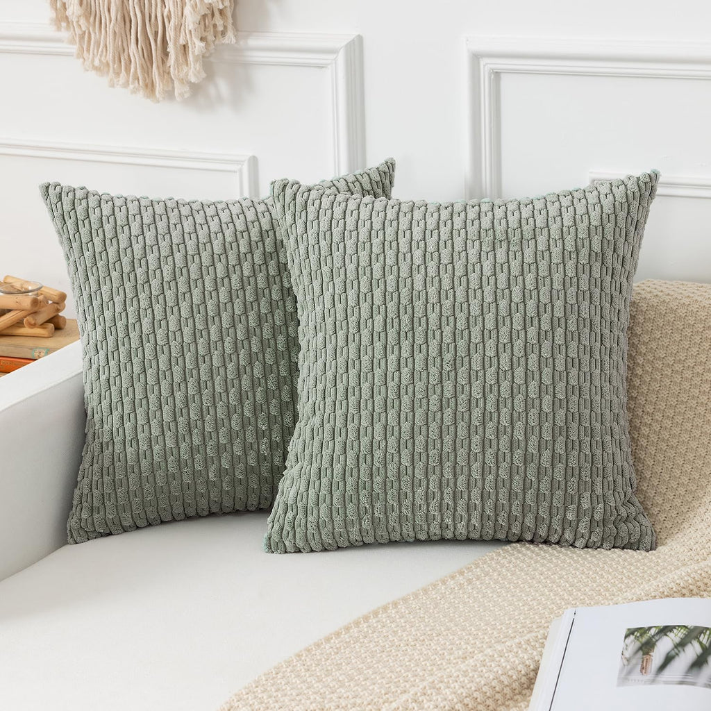 Kevin Textile 2 Fundas de Cojín de Pana Suave | Set Decorativo Boho a Rayas para Sofá, Cama y Sala Estilo Granja | 18x18 pulgadas, Verde Grisáceo
