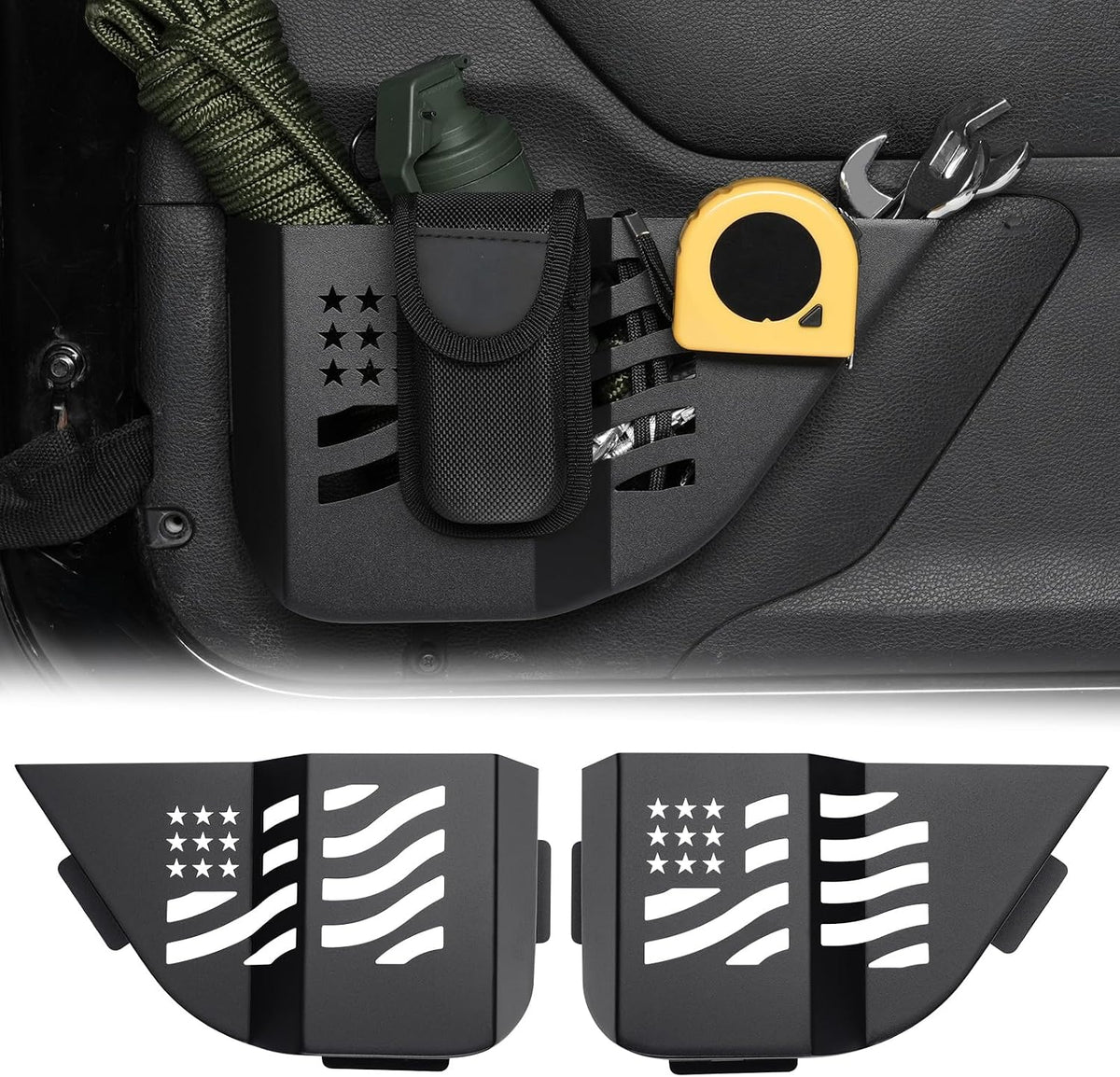 Benlari Set de 2 Bolsillos de Almacenamiento de Metal para Puerta | Compatible con Jeep Wrangler JK JKU 2007-2018 2/4 Puertas | Organizador de Puerta con Portavasos | Negro