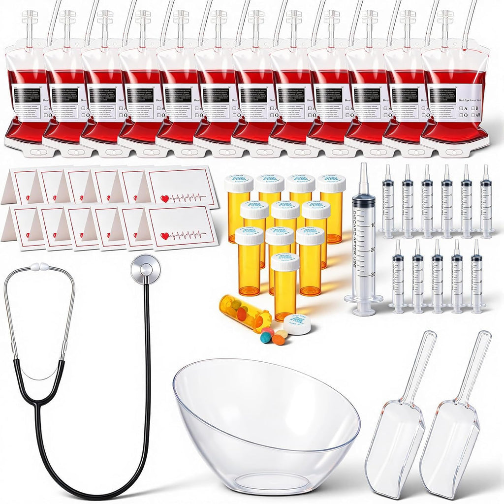 Yungyan Juego de 53 piezas para decoración de fiestas de graduación de enfermería: bolsa de sangre intravenosa, jeringa de plástico, botella de medicamentos, tazón de dulces angular, mini cuchara de cocina de acrílico y plástico, estetoscopio, tarjetas