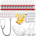 Yungyan Juego de 53 piezas para decoración de fiestas de graduación de enfermería: bolsa de sangre intravenosa, jeringa de plástico, botella de medicamentos, tazón de dulces angular, mini cuchara de cocina de acrílico y plástico, estetoscopio, tarjetas
