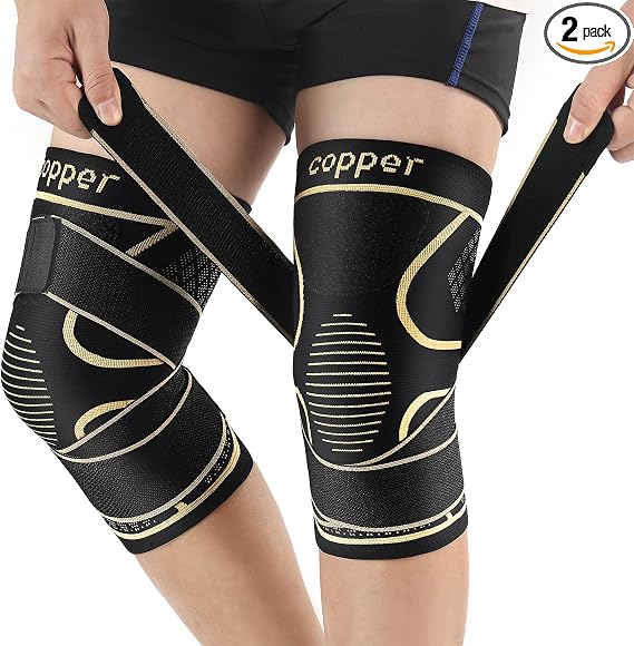 Rodilleras de cobre con correa para dolor de rodilla para mujeres y hombres (paquete de 2), manga de compresión de rodilla para artritis, LCA, desgarro de menisco