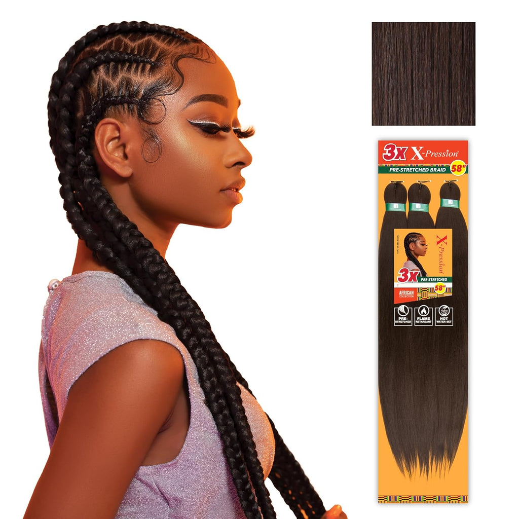 Cabello sintético preestirado Sensationnel X-pression para trenzar - 3 trenzas de 58 pulgadas, totalmente de kanekalon, ignífugo, para trenzas de caja y giros (paquete de 3, 4 MARRÓN MEDIO)