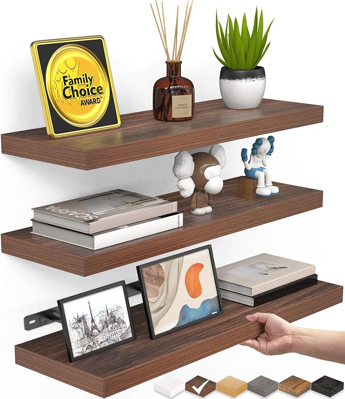 BAYKA Estantes flotantes para pared, estantes de madera rústica montados en la pared para baño, dormitorio, sala de estar, cocina, Pequeño estante colgante para libros