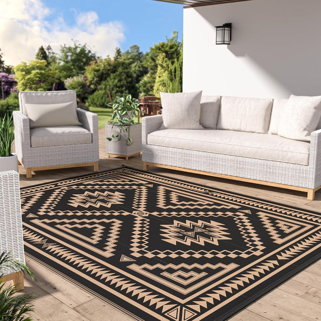 GENIMO Alfombra de Exterior para Patio, 5 x 8 pies, Impermeable, Plastico Reversible, para Camping, RV, Porche, Deck, Balcon y Playa, Negro y Marron