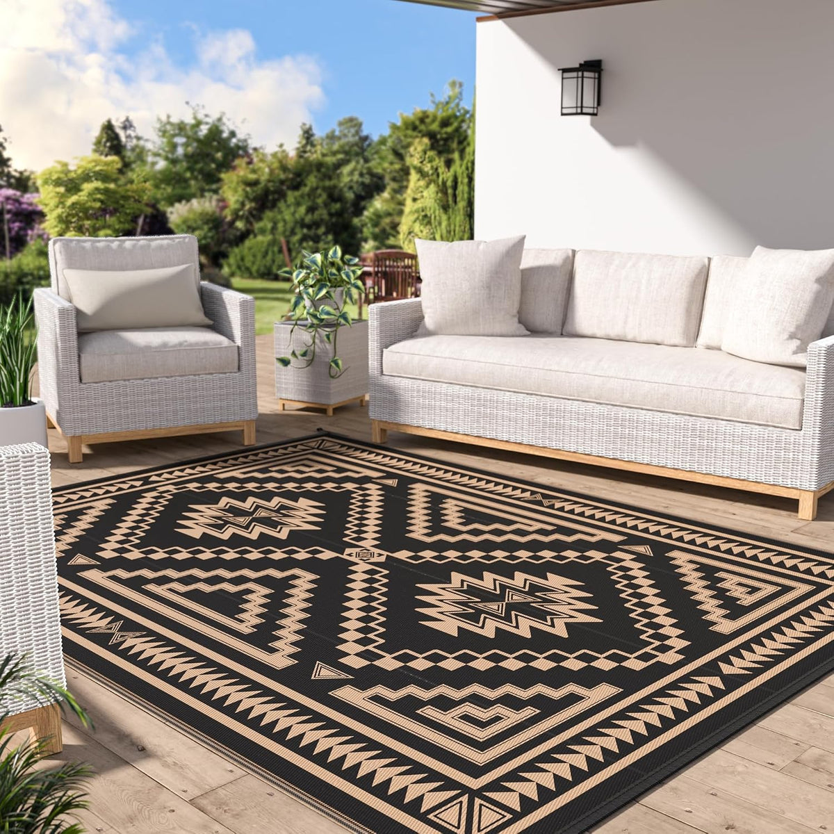 GENIMO Alfombra de Exterior para Patio, 5 x 8 pies, Impermeable, Plastico Reversible, para Camping, RV, Porche, Deck, Balcon y Playa, Negro y Marron