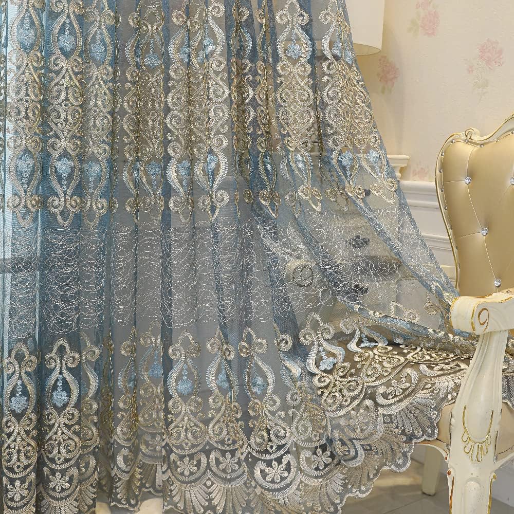 Amidoudou 1 par de cortinas transparentes de jacquard europeo, cortinas de tul bordadas para sala de estar y dormitorio, cortinas translúcidas de lujo (azul grisáceo, 51 x 90 pulgadas)