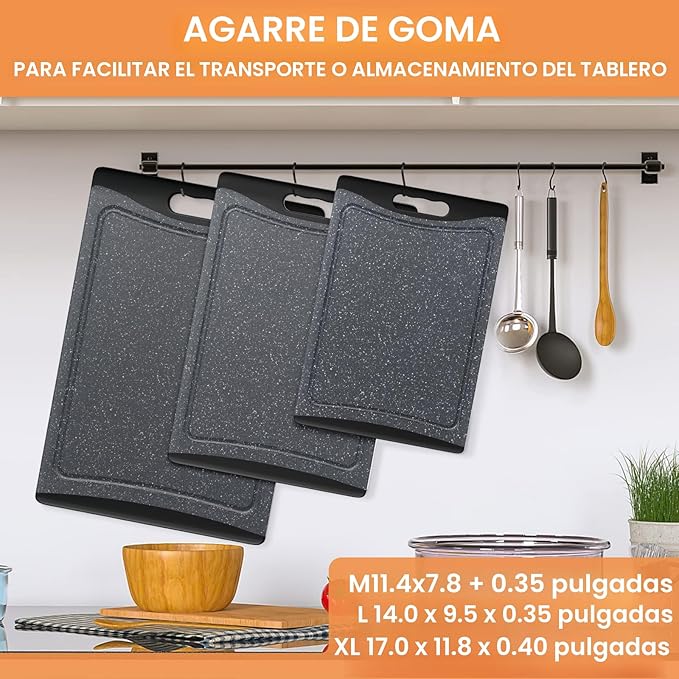 Tablas de cortar extra grandes, tablas de cortar de plástico para cocina (juego de 3) juego de tablas de cortar apto para lavavajillas, tabla de cortar con ranuras para jugos, asas de fácil agarre
