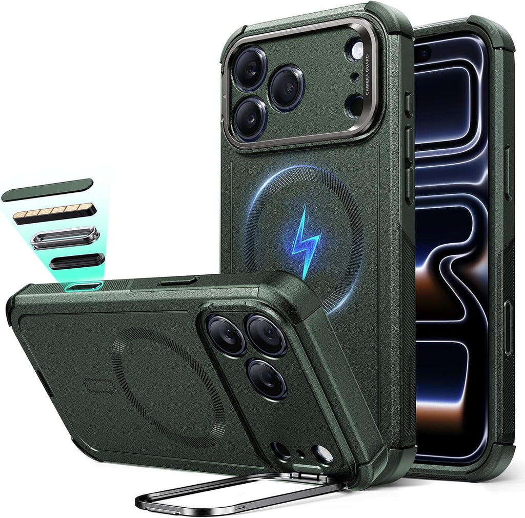 ESR for iPhone 17 Pro Max Phone Case with Stash Stand, 7X Military-Grade Drop Protection with Camera Control, Shock-Absorbing Rugged Cover, Compatible with MagSafe Accessories, Cyber Series, Green