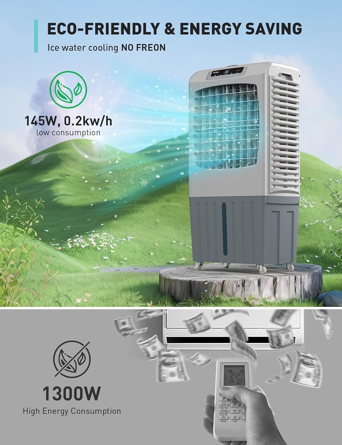 3500 CFM Evaporative Air Cooler - 40" Portable Swamp Cooler with 10.6 Gal Water Tank