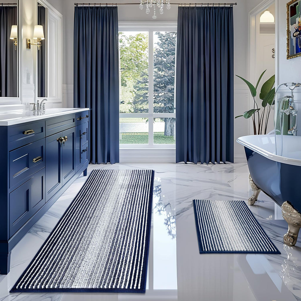 Juego de Alfombras de Baño BSICPRO x2 Azul Marino – Chenilla Gruesa Absorbente Antideslizante, Lavable a Máquina, 20"x60" + 20"x32"