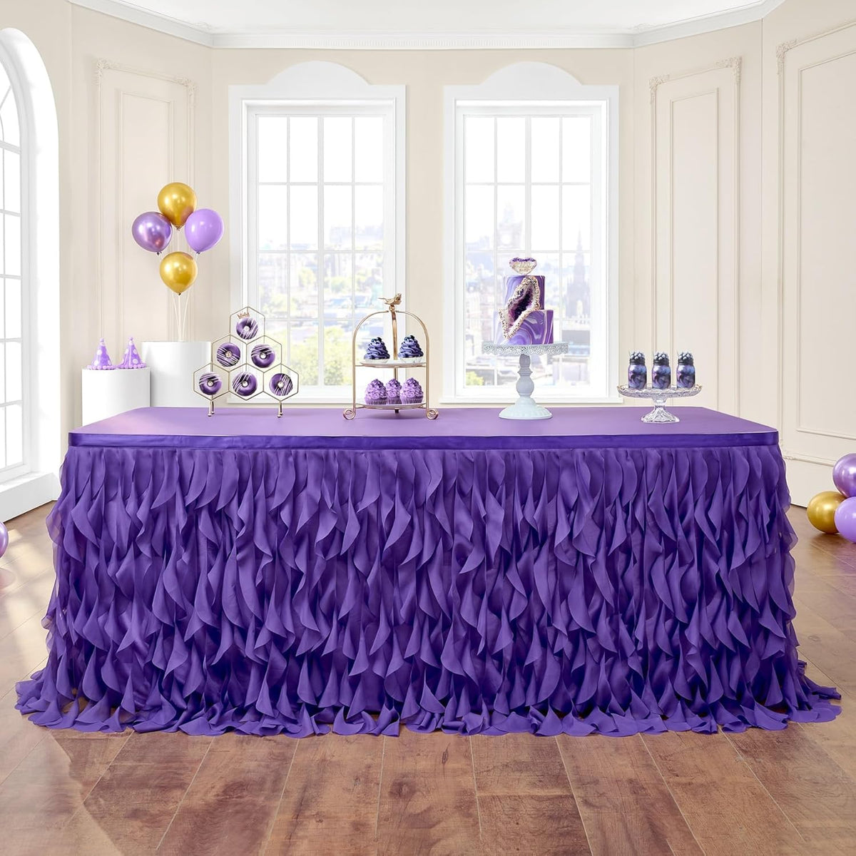 Leegleri Falda de mesa tutú morada de 1,8 m, falda de mesa de tul rizado Willow para mesas rectangulares y redondas, mantel tutú con volantes para carrozas de cumpleaños, desfiles, Navidad, graduaciones y decoración de fiestas de sirenas.