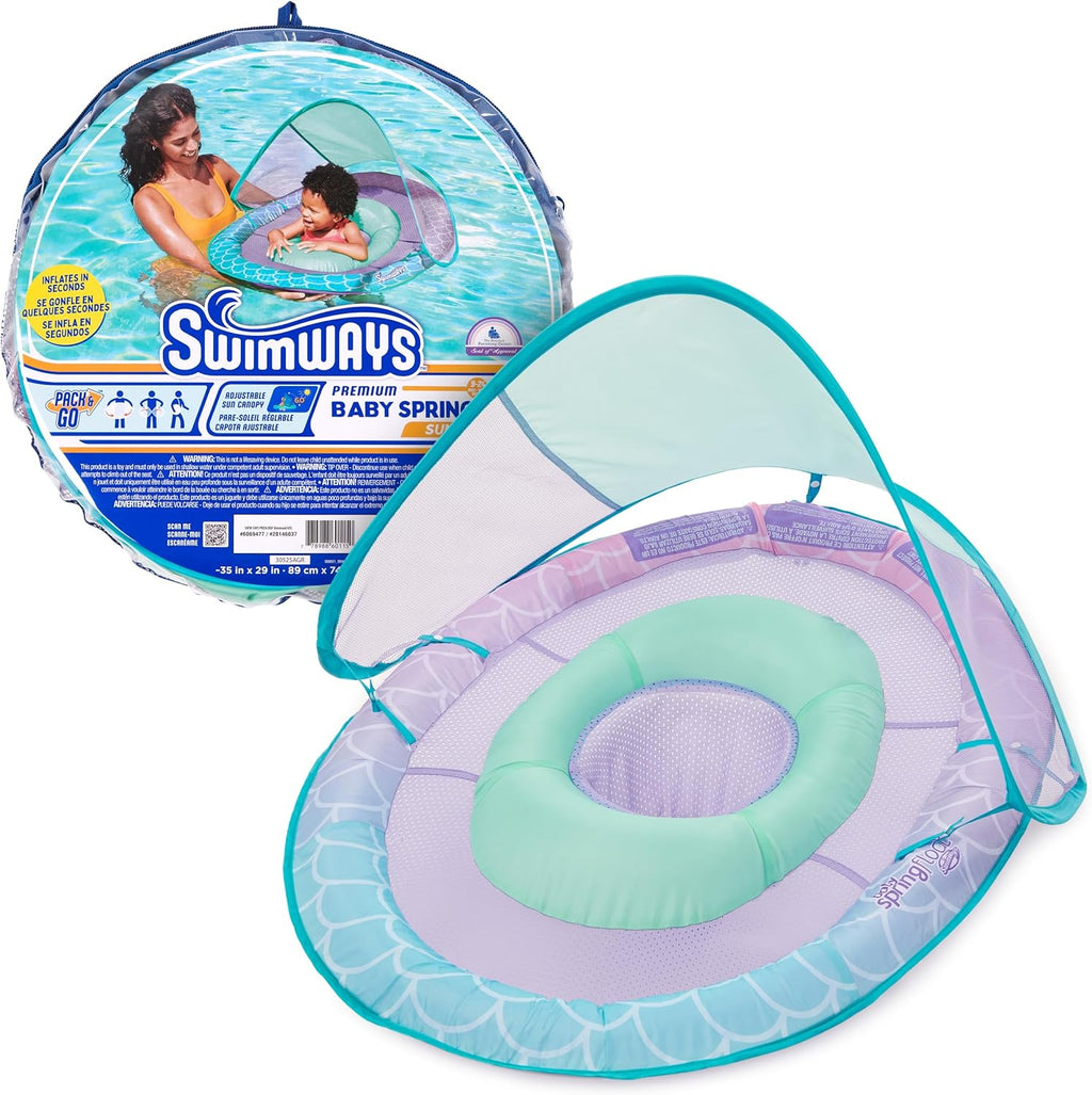 Flotador SwimWays Baby Spring, flotador de piscina para bebés con toldo, chaleco salvavidas para entrenamiento de natación, accesorios de piscina para bebés y niños pequeños de 9 a 24 meses, sirena