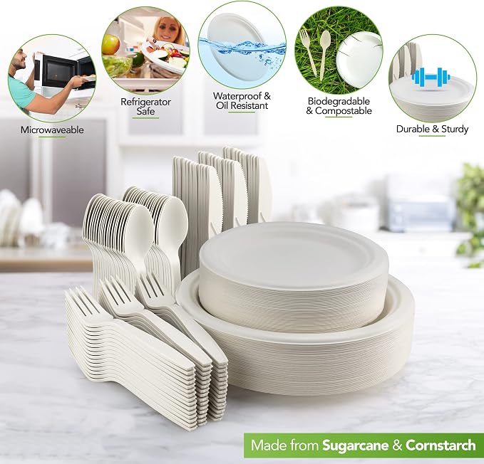 Juego de Vajilla Desechable Biodegradable 250 Piezas – Platos, Tenedores, Cuchillos y Cucharas Compostables para Fiesta