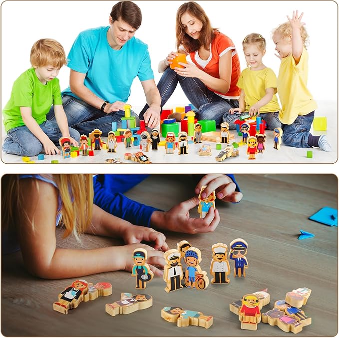 Kathfly 36 Piezas de Madera Juego de Ayudantes Comunitarios Juguete de Madera para Preescolar Pequeñas Figuras Profesionales de Madera Conjunto de Personajes Multicultural Carreras Figuras de Madera