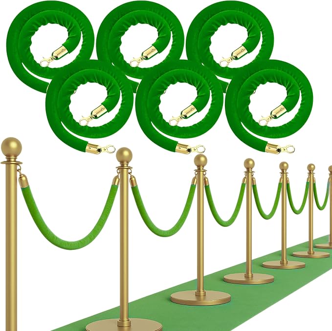 6 cuerdas de terciopelo verde - Cuerda elegante de 1,5 m para postes de barrera, eventos VIP, control de multitudes, divisor de seguridad para alfombra roja, bodas, fiestas y ocasiones especiales. Diseño duradero y elegante.