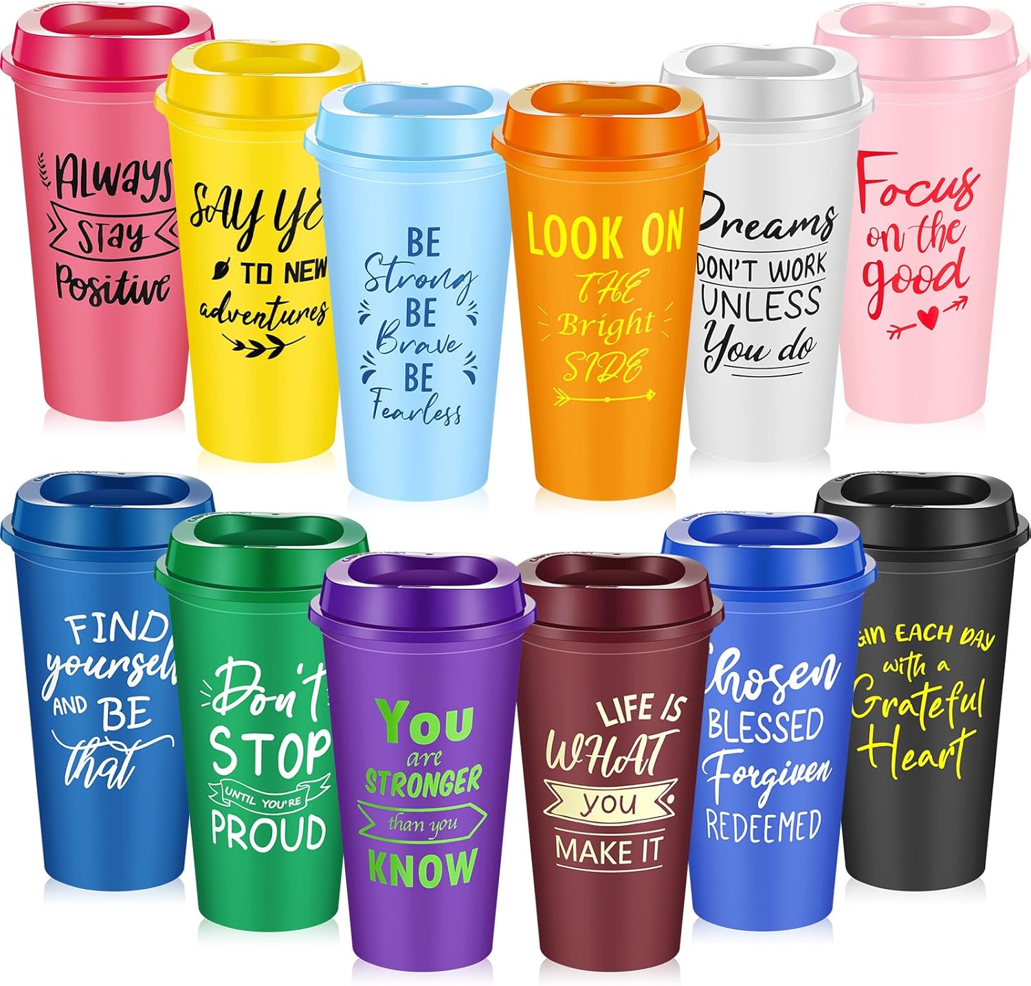 Set 12 Vasos Reutilizables 16oz con Tapa – Frases Inspiracionales, Colores Vibrantes