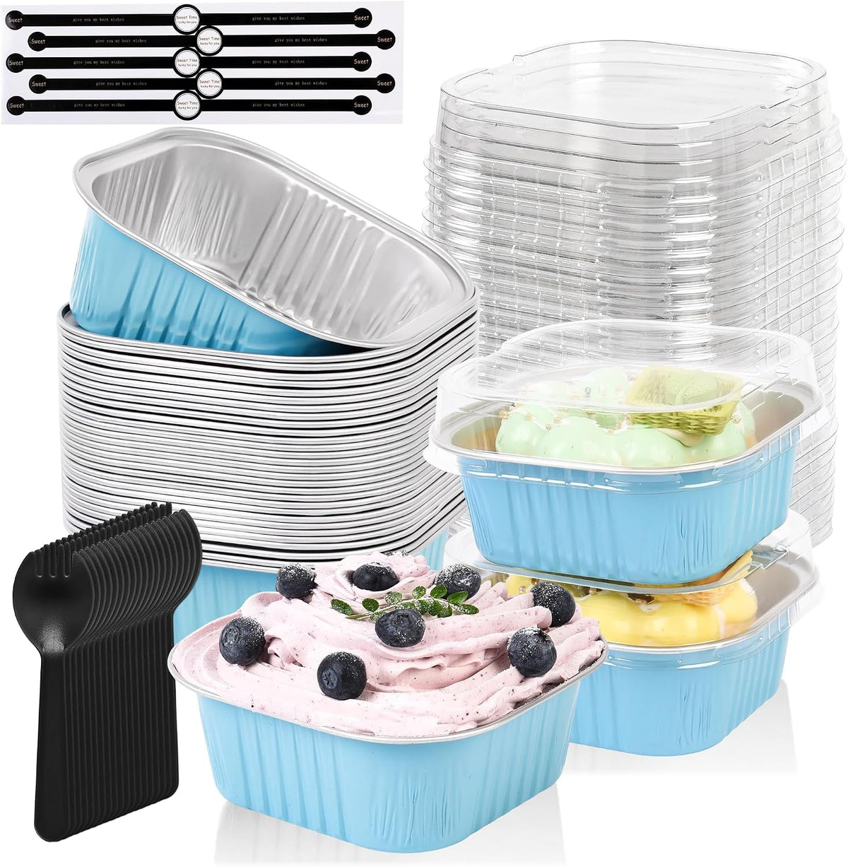 Moldes Mini Pastel Aluminio 100 Piezas con Tapa - Moldes Brownies, Cupcakes, Desechables Boda Cumpleaños, Azul