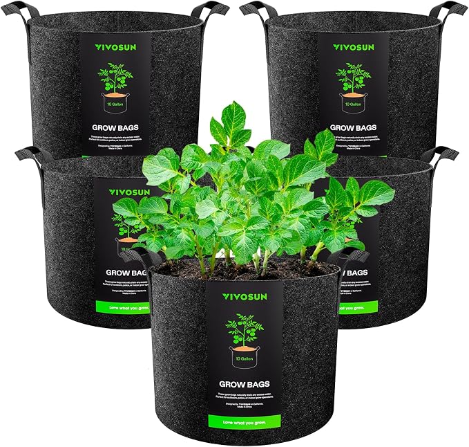 VIVOSUN Paquete de 5 bolsas de cultivo de plantas de 10 galones, macetas de tela no tejida gruesa resistente con asas | Tela no tejida gruesa de 10.58 oz, excelente drenaje, crecimiento saludable de las raíces, sin BPA, reutilizable