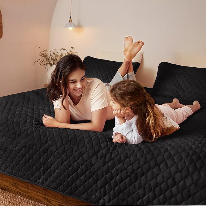 Exclusivo Mezcla - Juego de edredón reversible con fundas de almohada, ligero, suave, para todas las estaciones, 90 x 96 pulgadas, tamaño matrimonial y queen, negro