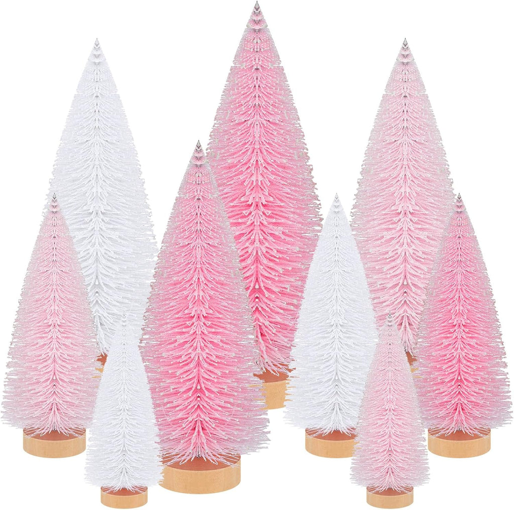 Leyndo 9 Pcs Pink Classic Artificial Mini Christmas Tree Sisal Bottle Brush Trees with Wood Base Christmas Pine Trees for Autumn Winter Holiday Home Kitchen Party Decor