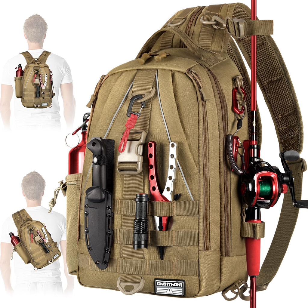 Mochila de Pesca Ghosthorn con Portacañas | Bolsa Bandolera para Aparejos | Ligera | Caja de Aparejos | Regalo de Pesca para Hombre y Mujer | Caqui