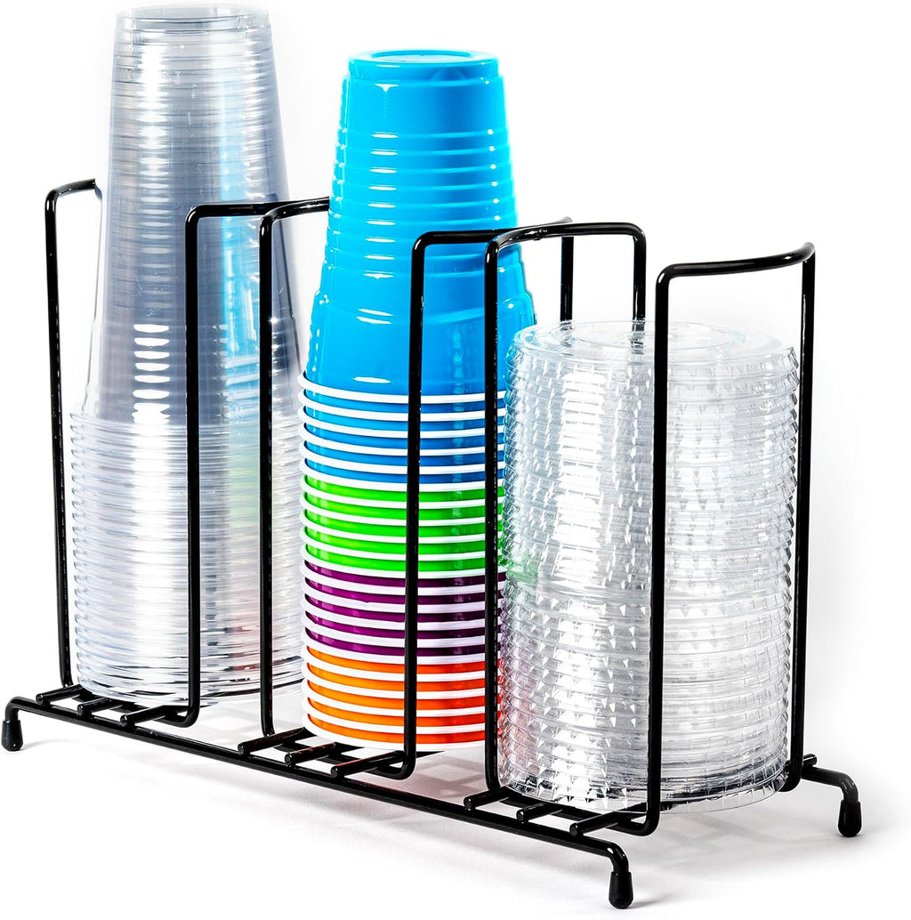 Organizador de Tazas y Tapas Inevibe con Marco de Alambre, Diseño de Estante de Metal de 3 Compartimentos, Soporte de Almacenamiento para Tazas de Plástico y Bebidas