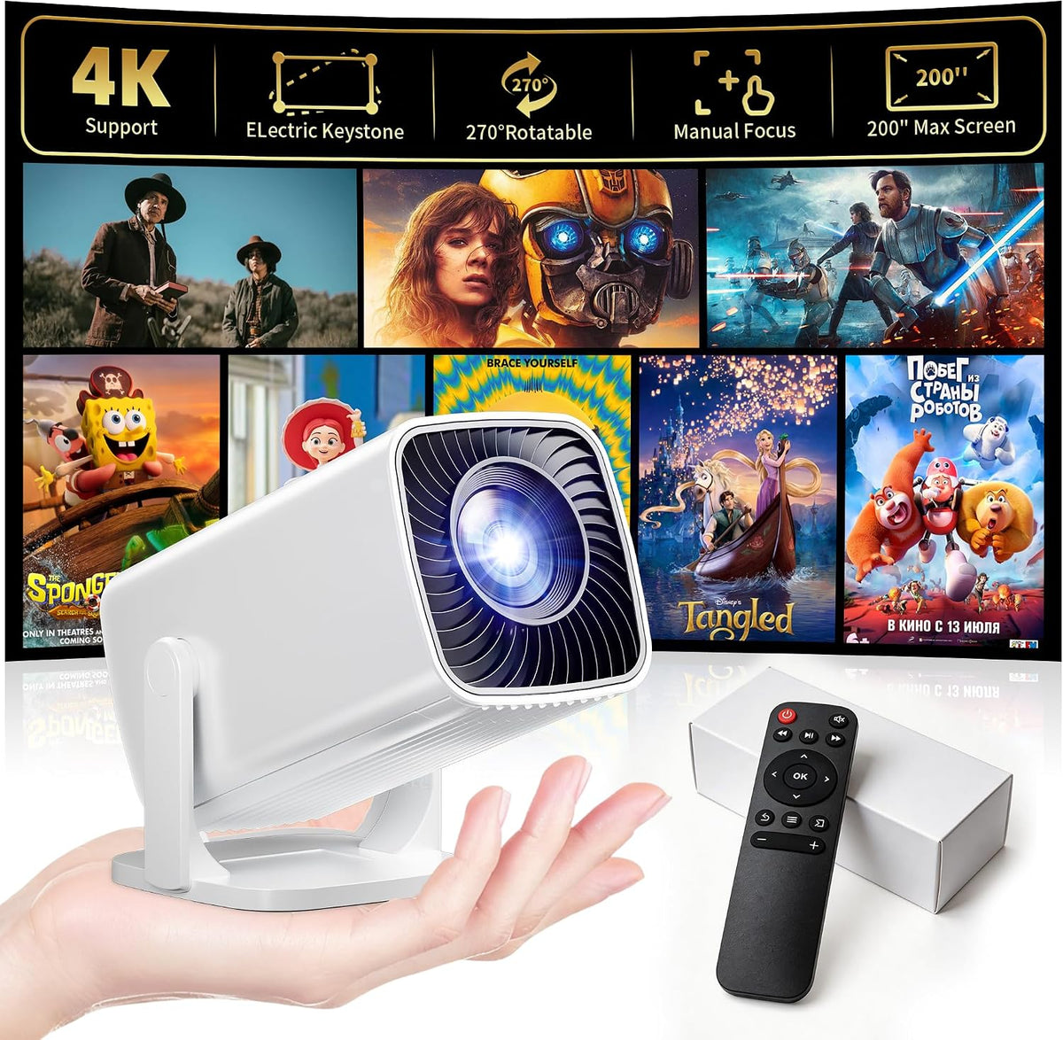 Miniproyector, proyector portátil compatible con 4K y Full HD 1080P, proyector para exteriores con rotación de 270°, proyector de películas compatible con smartphone, TV Stick, portátil, PS4, HDMI, USB.