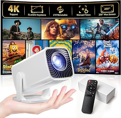 Mini proyector, proyector portátil compatible con 4K, proyector para exteriores Full HD 1080P, proyector de película de rotación de 270°, compatible con smartphone, TV Stick, laptop, PS4, HDMI, USB